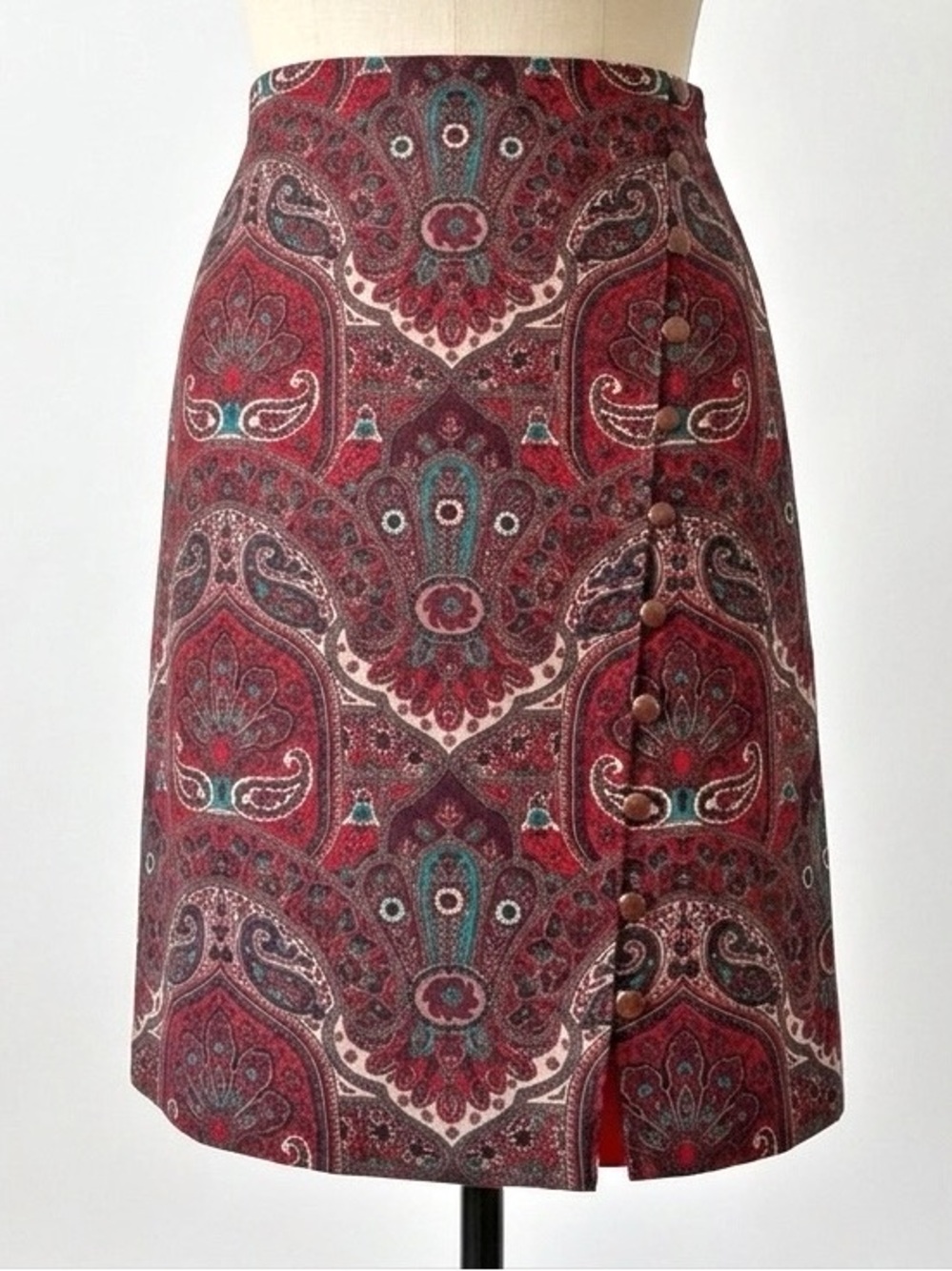 Talbots Opulent Paisley Faux Wrap Button Accent Skirt Size 4 Petite
